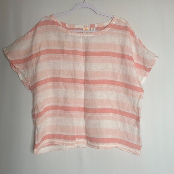 C&C California 100% Linen Pink White Striped Short Sleeve Boxy Top Size XL - Picture 1 of 10